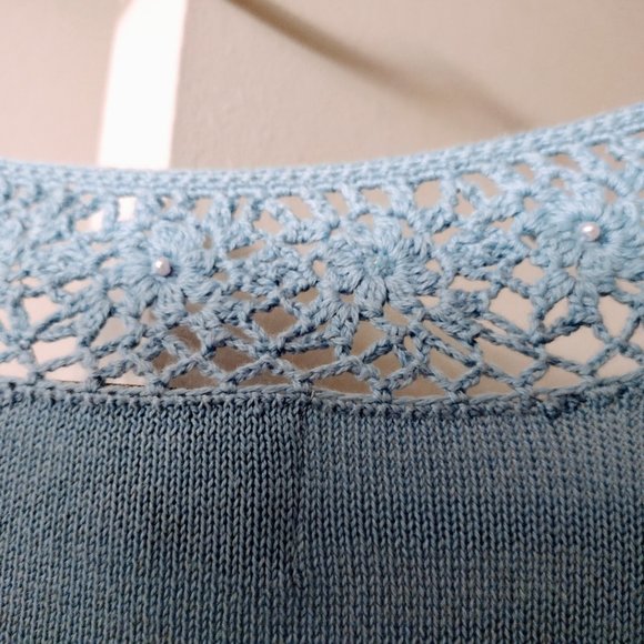 Casual Corner Annex Button Up Lt Blue Sweater Crochet Flowers w/ Pearls Sz M - Picture 5 of 7